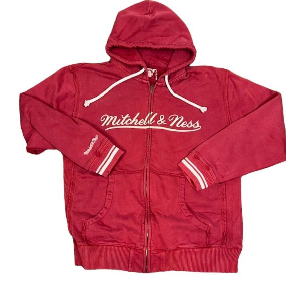 Mitchell & Ness Full Zip Hoodie Retro Distressed Look Logo Red White Size‎ XL